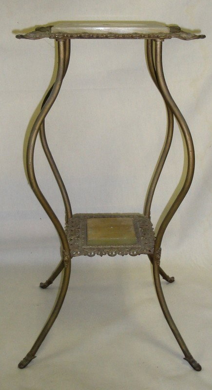 Brass 2 tier plant stand with alabaster inserts.: Brass 2 tier plant stand with alabaster inserts.