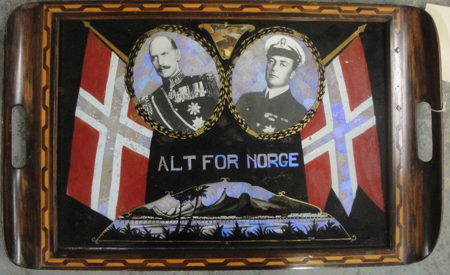 WWII era Norwegian King Hakkem VII tray with inlay: Rosewood tray "Alt For Norge" decorated with inlay and image of King Hakkem VII and another military leader - WWII era. Images on tray top are constructed from butterfly wings and reverse paintings.