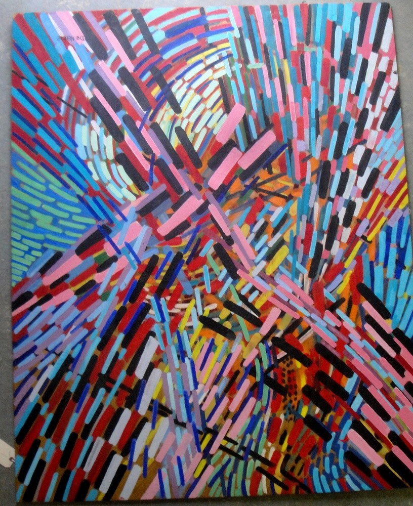 Large oil on plywood panel -Geometric abstract signe: Large oil on plywood panel -Geometric abstract signed De Narie (20th century, Woodstock NY) - 48" x 59.5" - Circa 1970-80.