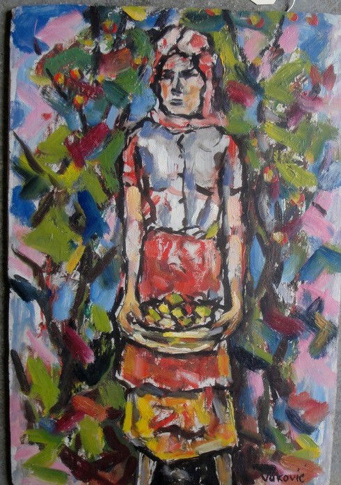 Marko Vukovic (NY 1892 - 1973) Oil on masonite mode: Marko Vukovic (NY 1892 - 1973) Oil on masonite modernistic lady holding bowl of fruit - signed lower right - 12" x 18"