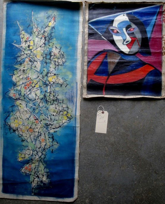 Helen Gerardia - attributed - 2 O/C Abstract art: Helen Gerardia - attributed - (Russian/American - Woodstock NY 1903-1988) Two unframed, off stretcher, O/C abstract paintings - One 17" x 20" (some paint flaking) the other 17" x 44".