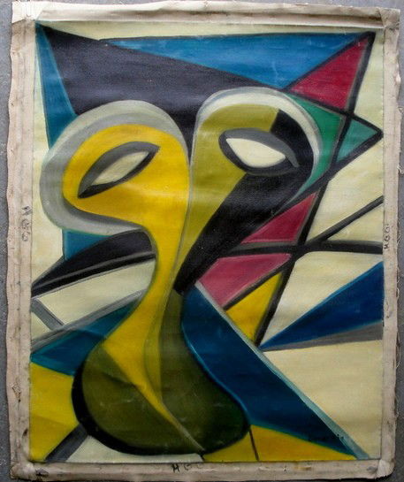 Helen Gerardia - signed "Gerardia" lr - (Russian/Am: Helen Gerardia - signed "Gerardia" lr - (Russian/American - Woodstock NY/Cape Cod Mass 1903 - 1988) - O/C Abstract face - unframed and off stretcher - 24" x 29.5"