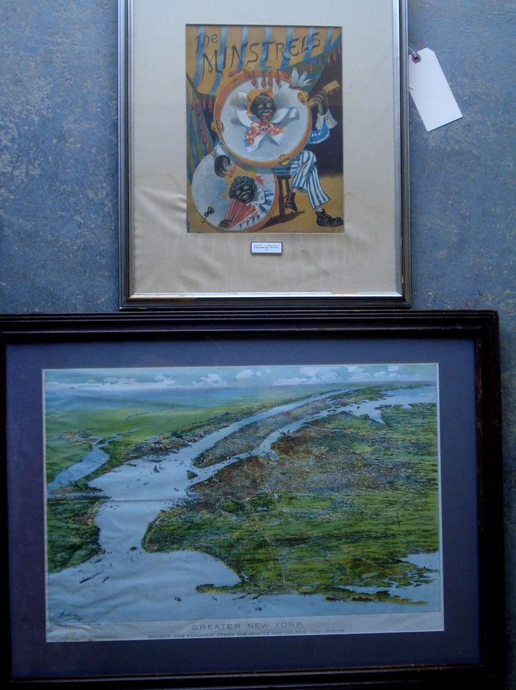 Lot of 5 prints including Victorian chromolithograp: Lot of 5 prints including Victorian chromolithograph farm scene, hand colored large folio print "View of Portsmouth in Piscataqua River (probably late 19thc - with water damage to mat), map of Greater