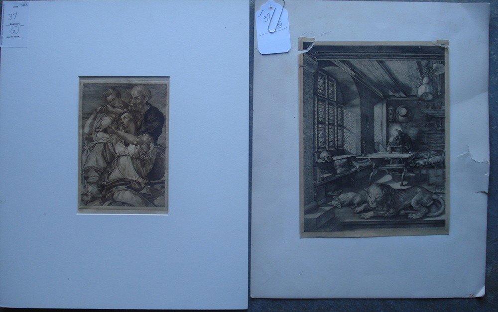 Two early engravings including Albrecht Durer dated: Two early engravings including Albrecht Durer dated 1514 (likely a later reprint) of Leonardo Da Vinci - 8" x 10.25" together with an Old Master engraving of father, wife and child - 19th century or e