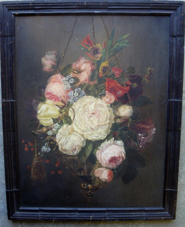 O/B Still life of flowers in hanging basket in orig: O/B Still life of flowers in hanging basket in original carved wooden frame - signed Sanford, possibly Sarah Ellen Sanford (English 1887 - 1927) - 14" x 18".