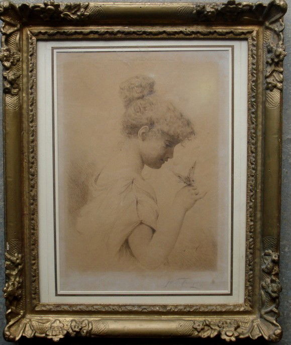 Etching of lady holding butterfly signed J. Wells C: Etching of lady holding butterfly signed J. Wells Champnay (James Wells Champnay Mass/NY 1843-1903) - 11.5" x 14.5".