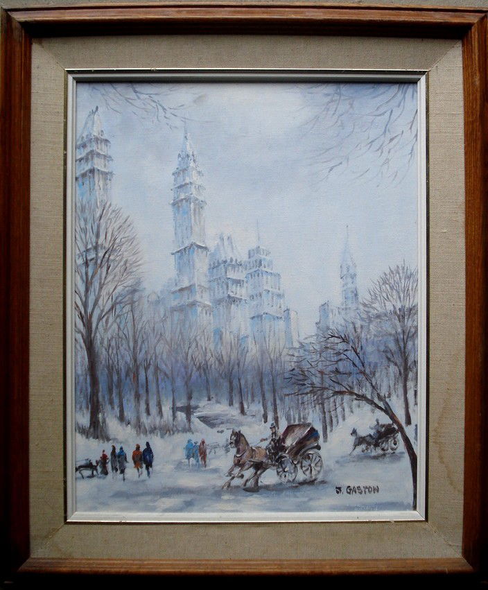 O/C European winter street scene signed J. Gaston (: O/C European winter street scene signed J. Gaston (Johnny Gaston - England - Born 1955) - 16" x 20"