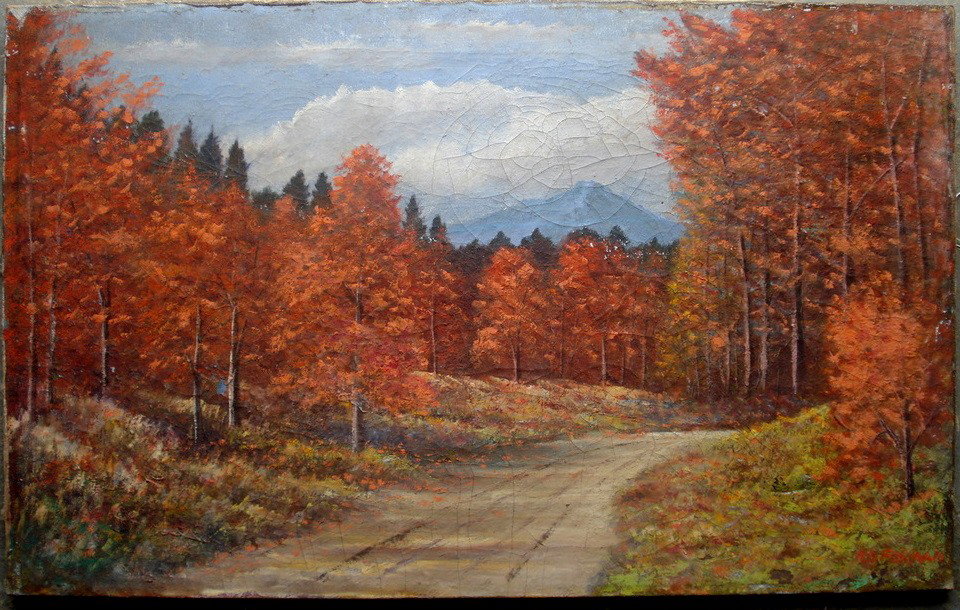 O/C Fall landscape with trees and mountains - signe: O/C Fall landscape with trees and mountains - signed illegibly - small tear - not framed - 18.5" x 30"