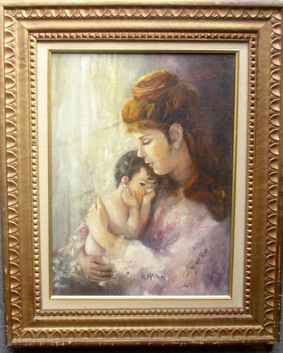 O/B portrait of mother with child - mid to late 20t: O/B portrait of mother with child - mid to late 20th century - signed A. Maher (Alice Maher - Bronx NY) - 12" x 16"