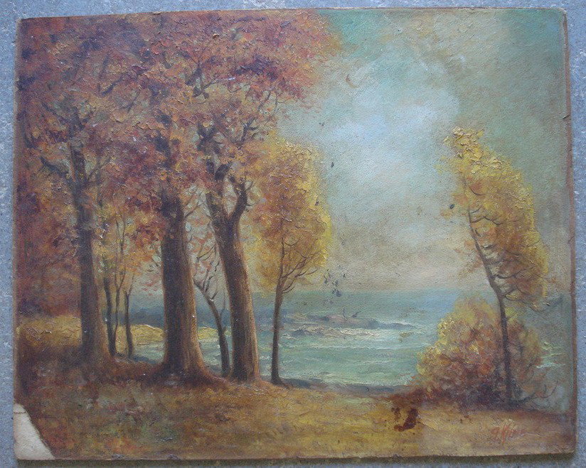 O/B Landscape with trees by ocean shore signed G. : O/B Landscape with trees by ocean shore signed G. King (American school early 20th century) - 17" x 21.5" - not framed.