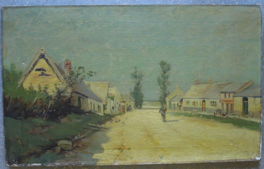 French Impressionist O/C Houses along country rd.: French Impressionist O/C Houses along country road with lone man walking in street - 16" x 26" - some crazing. Not signed. Similar to the works of Stanislas Lepine (France 1835-1892).