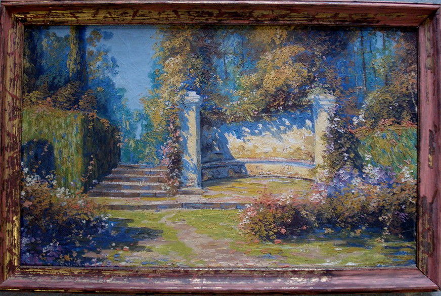 O/C Luminous gardens with architectural structures: O/C Luminous gardens with architectural structures similar to the works of Maxfield Parrish - signed illegibly - 1930's - 14" x 23.25"