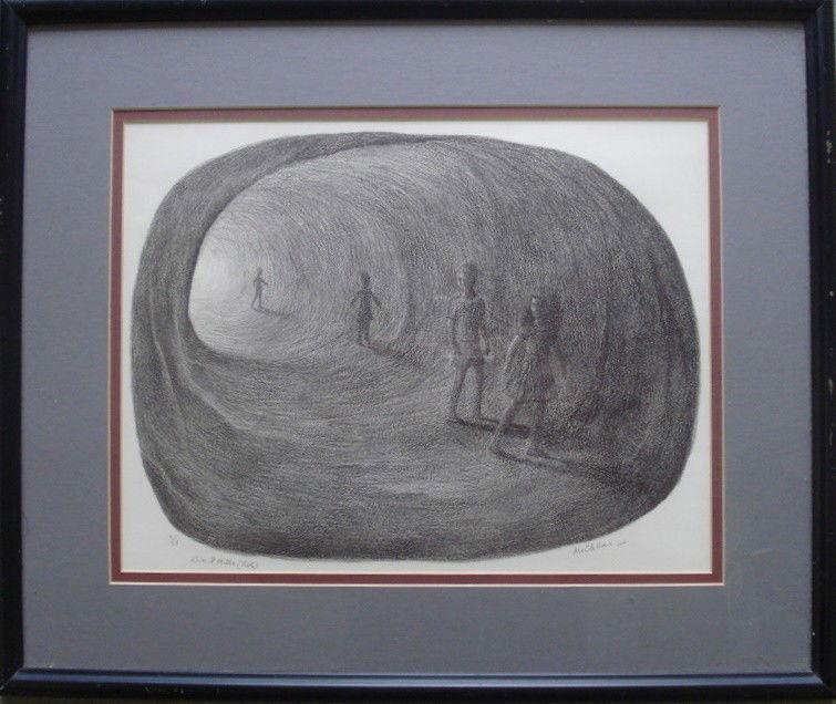 Signed McClellan (John Ward McClellan - 1908-1986: Signed McClellan (John Ward McClellan - 1908-1986 Woodstock NY) Lithograph children walking thru tunnel - Edition 3/35 dated 1961 - 10" x 13".