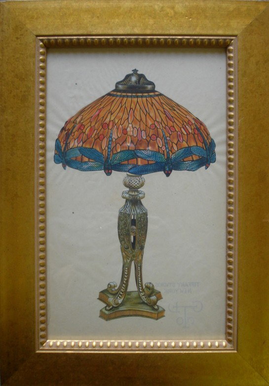 Painting Tiffany Studios Dragonfly table lamp.: W/C & gouache of a Tiffany Studios Dragon Fly lamp - reverse lettered stamp on lower right "Tiffany Studios New York" as well as reversed Tiffany monogram - both possibly printed on the backside of pa