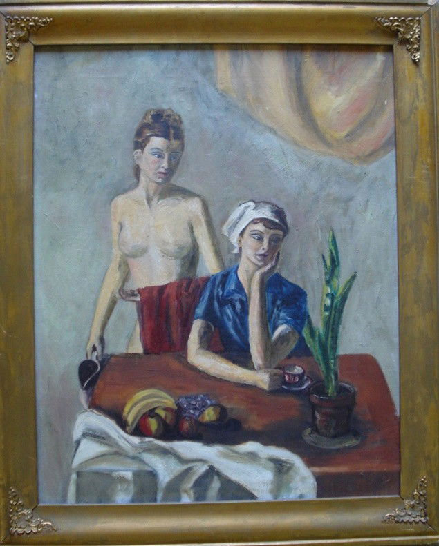 O/C Modernistic naked lady with towel and dressed: O/C Modernistic naked lady with towel and dressed lady with tea seated at table - circa 1930 - 16" x 20"