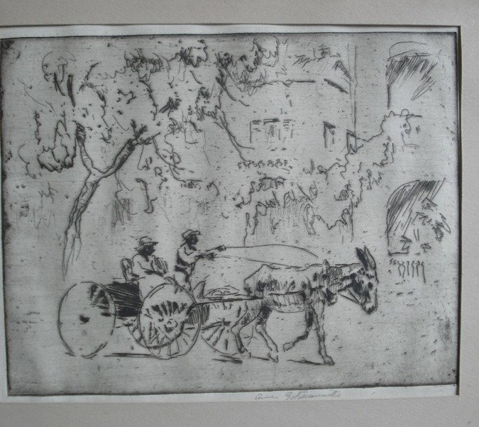 Signed Anne Goldthwaite Etching of 2 African Amer: Signed Anne Goldthwaite Etching of 2 African Americans driving buggy pulled by donkey (Anne Wilson Goldthwaite - NY/Alabama/France 1869-1944). 7" x 9".