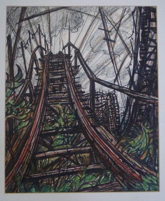 Signed Charles Ramsey Jr.(Westport CT. 20th centur: Signed Charles Ramsey Jr.(Westport CT. 20th century) - Expressionist wc/crayon with Amusement Park theme entitled "Defunct Roller Coaster" - 13" x 16"
