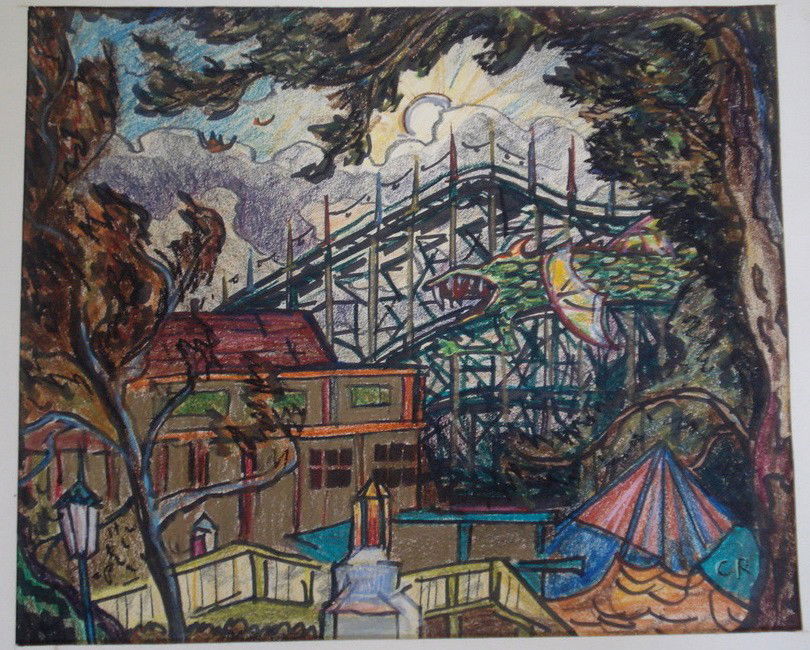 Signed Charles Ramsey Jr.(Westport CT. 20th centur: Signed Charles Ramsey Jr.(Westport CT. 20th century) - Expressionist wc/crayon with Amusement Park theme - roller coaster in background - 13" x 16"