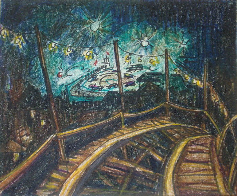 Signed Charles Ramsey Jr.(Westport CT. 20th centur: Signed Charles Ramsey Jr.(Westport CT. 20th century) - Expressionist wc/crayon with Amusement Park theme - view from top of roller coaster - 13" x 16"