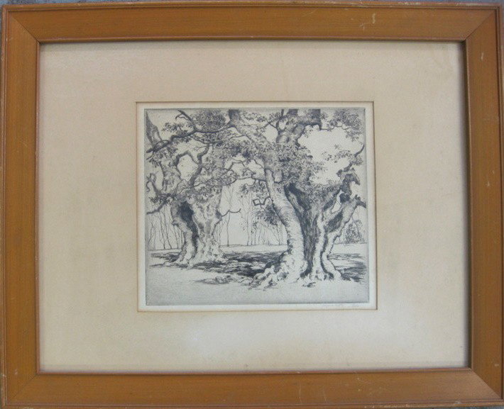 A. Hutty etching of large hollowed trees: Etching of large hollowed trees signed Alfred Hutty. (Alfred Heber Hutty - NY/South Carolina 1877-1954) - 8.25" x 9.5" - Note - This etching has been examined out of frame - it is NOT laid down. Total