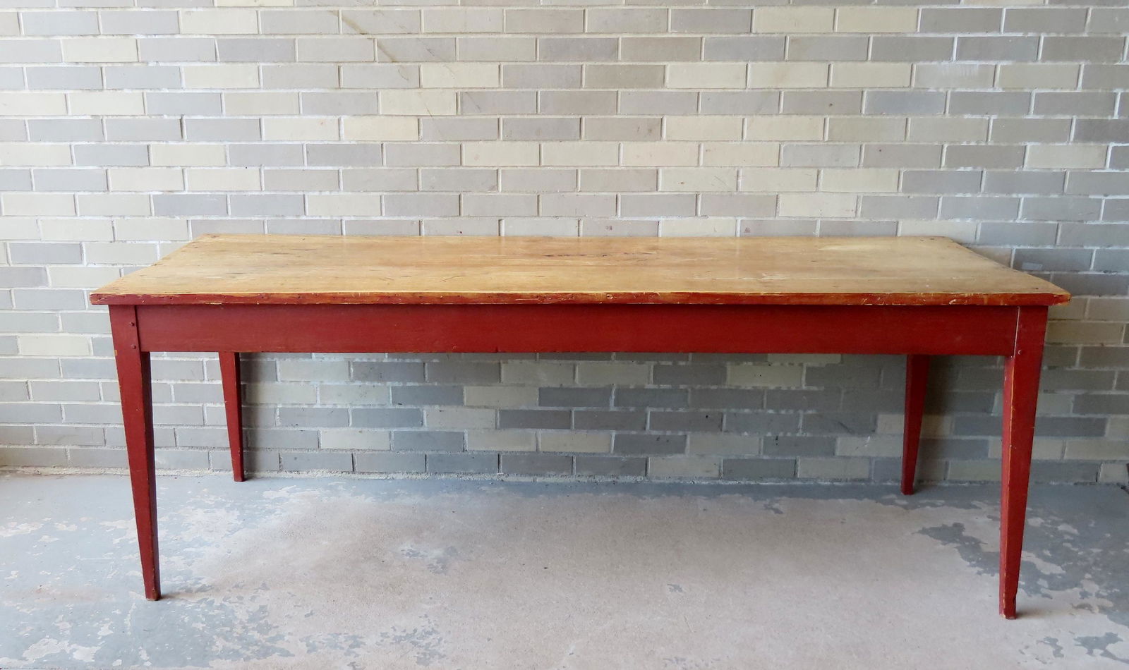 A very fine country farm table, having a scrubbed poplar wood top over a base with tapered legs, (1 of 20)