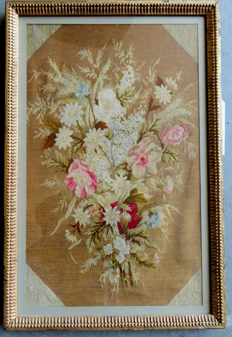 A very fine framed floral textile that appears to be petit-point embroidery, 19th century, housed in (1 of 5)