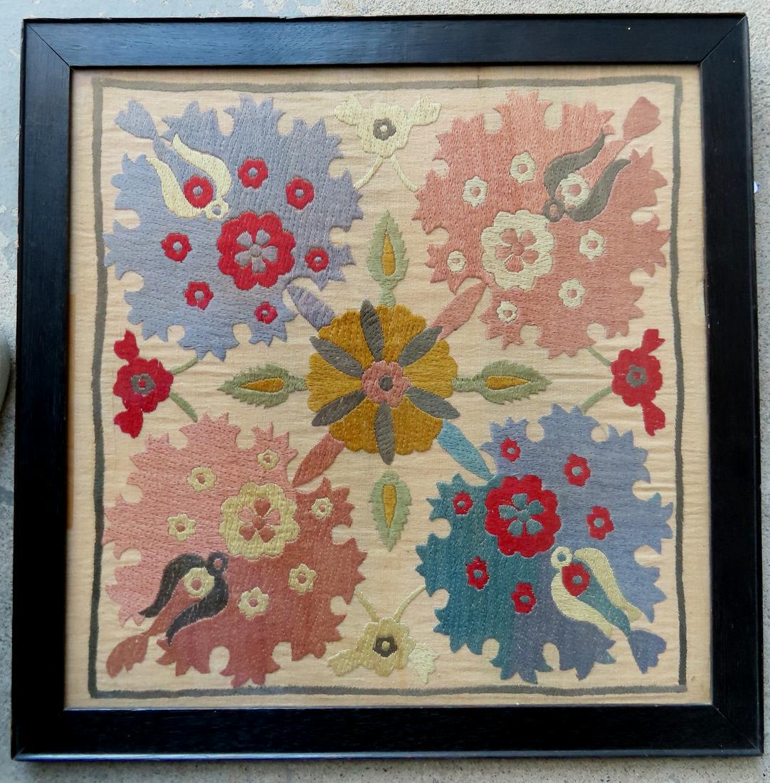 A colorful framed floral textile, late 19th century. Very good condition. Total frame size 22 1/4" x (1 of 2)