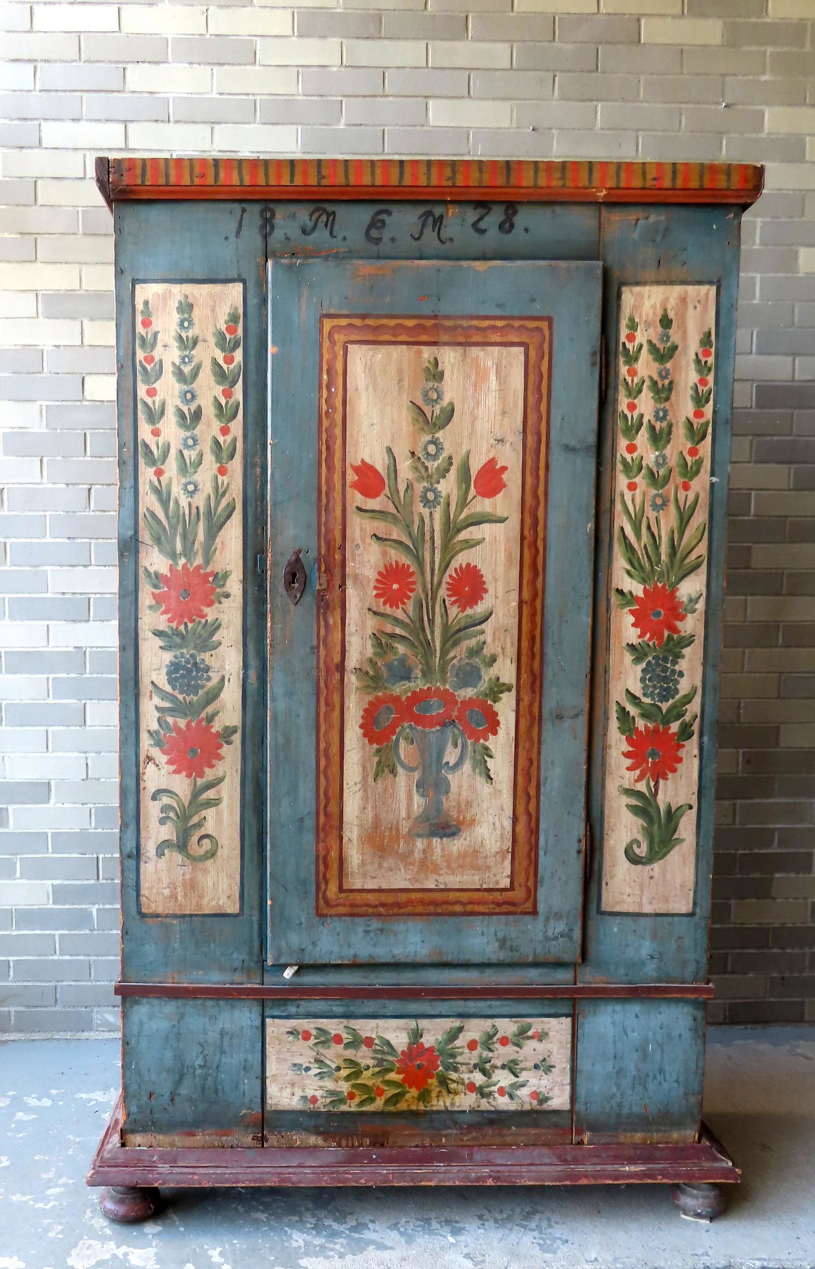 A European wardrobe, probably Swedish, dated 1828, in original paint. The front in blue paint and (1 of 19)