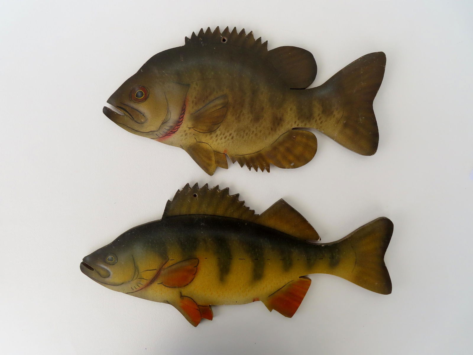 Two hand painted life size plywood fish plaques. The Rock Bass is signed by artist Neal Long, Sayner (1 of 6)