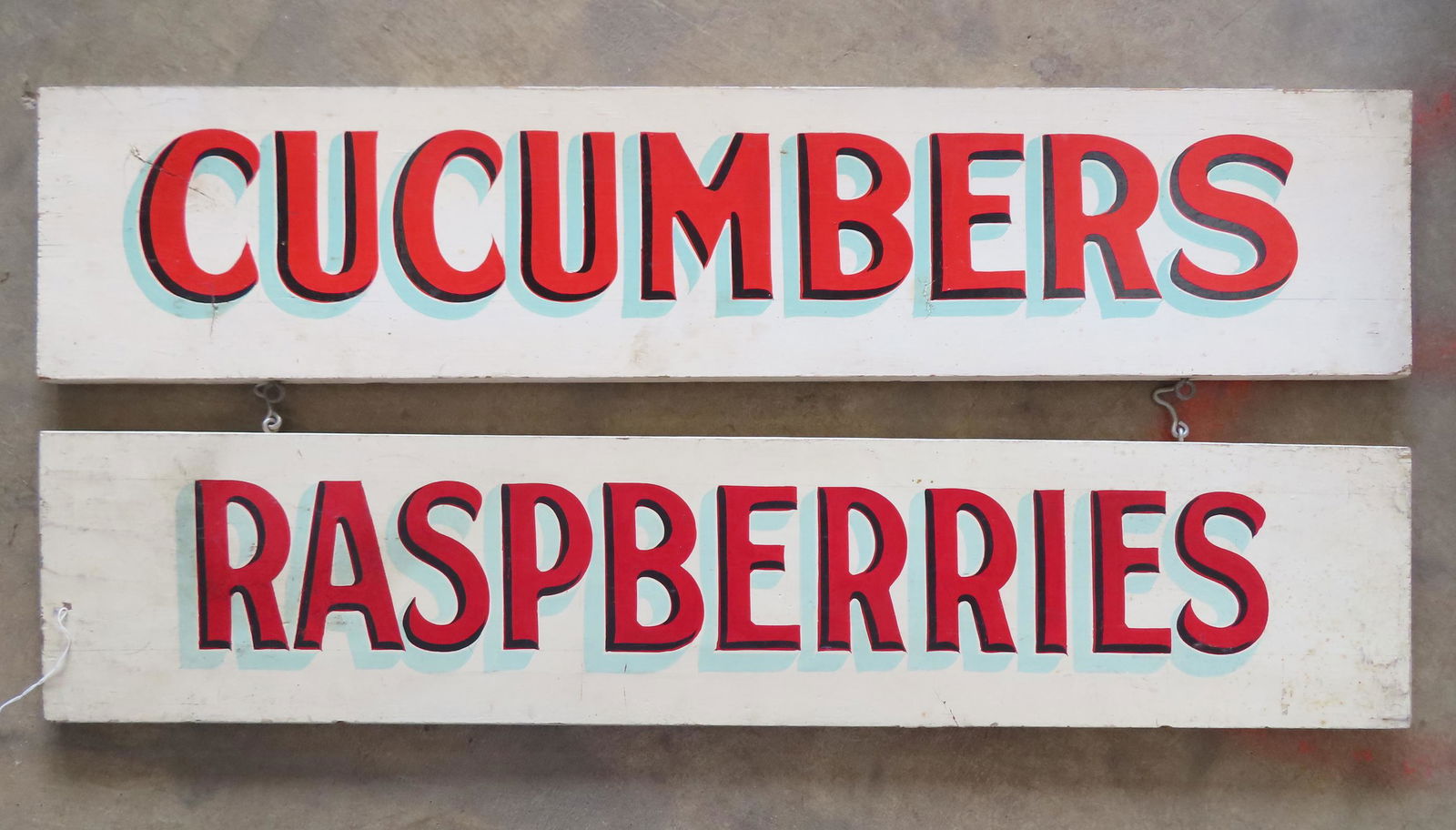 Two wooden roadside double sided farm market signs marked "RASBERRIES" and "CUCUMBERS" in original (1 of 4)