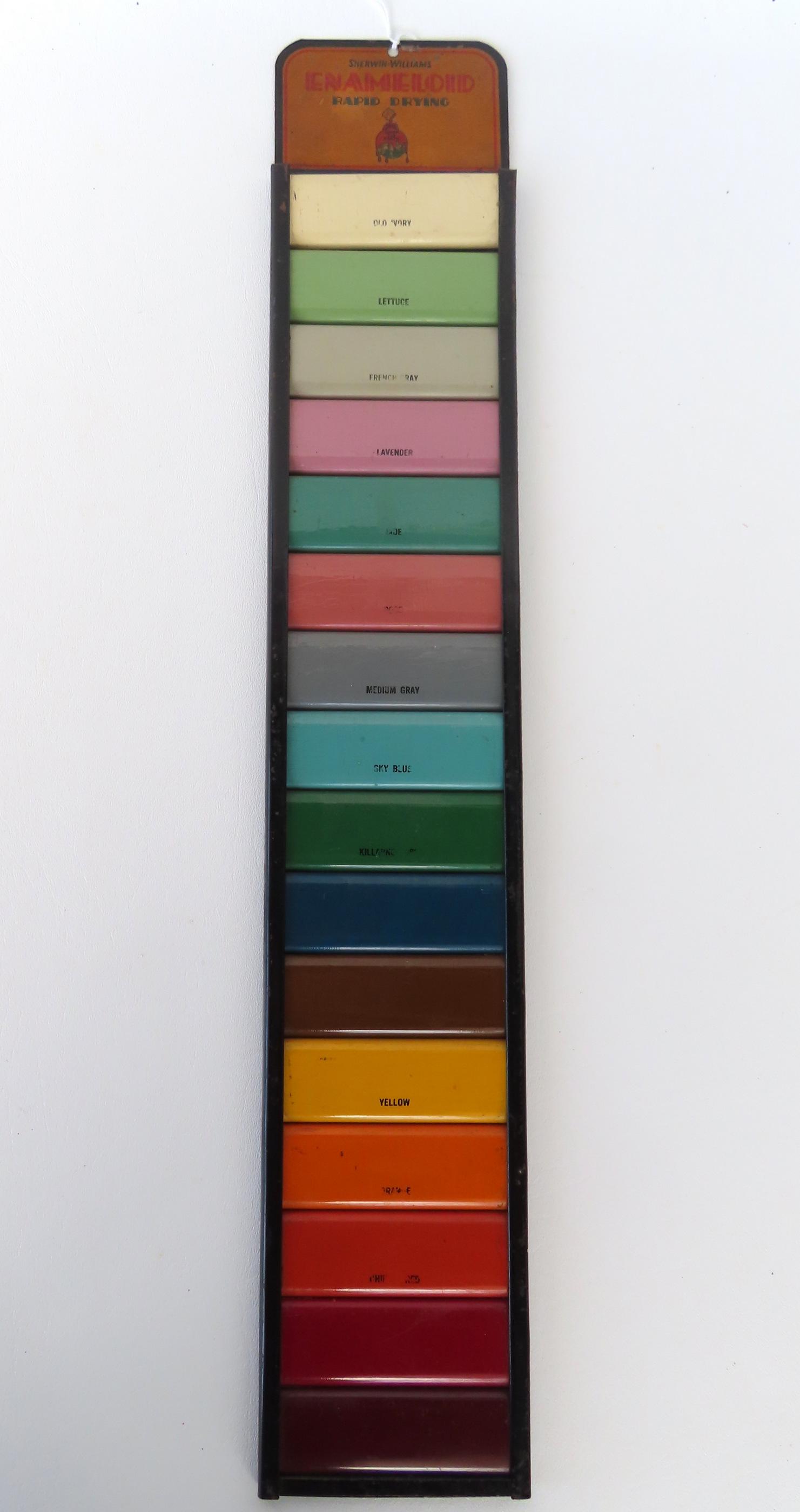 A vintage Sherwin Williams tin wall hanging colorful paint chart, circa 1950. Measures 23 5/8"H x (1 of 4)