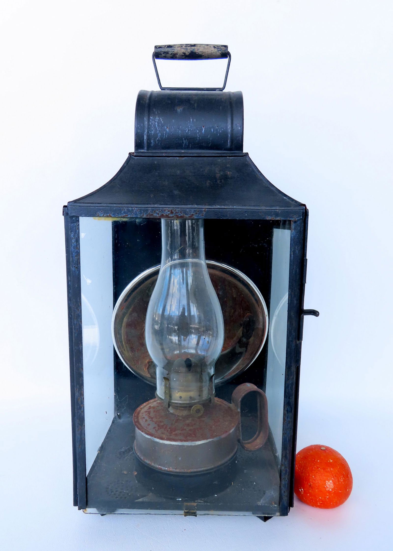 Large tin lantern in old black paint having a removable tin oil burning lamp on interior, 3 glass (1 of 5)