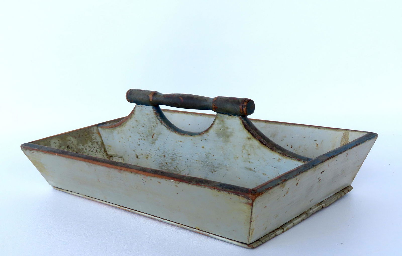 Cutlery box in old white over original gray paint having an original blue-green painted handle and (1 of 6)