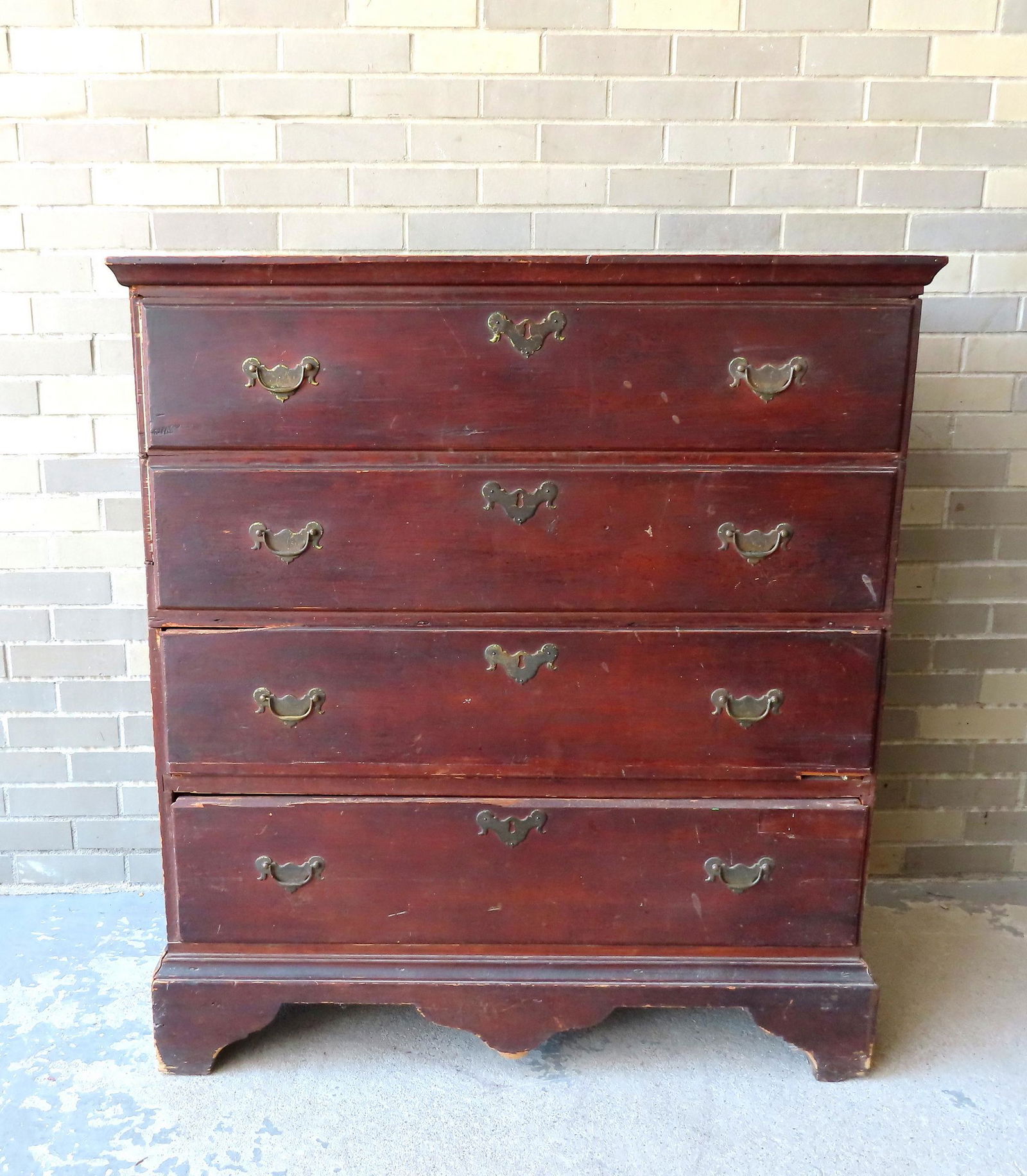 A Chippendale country blanket chest in original very dark green paint, having 2 false drawers over 2 (1 of 18)