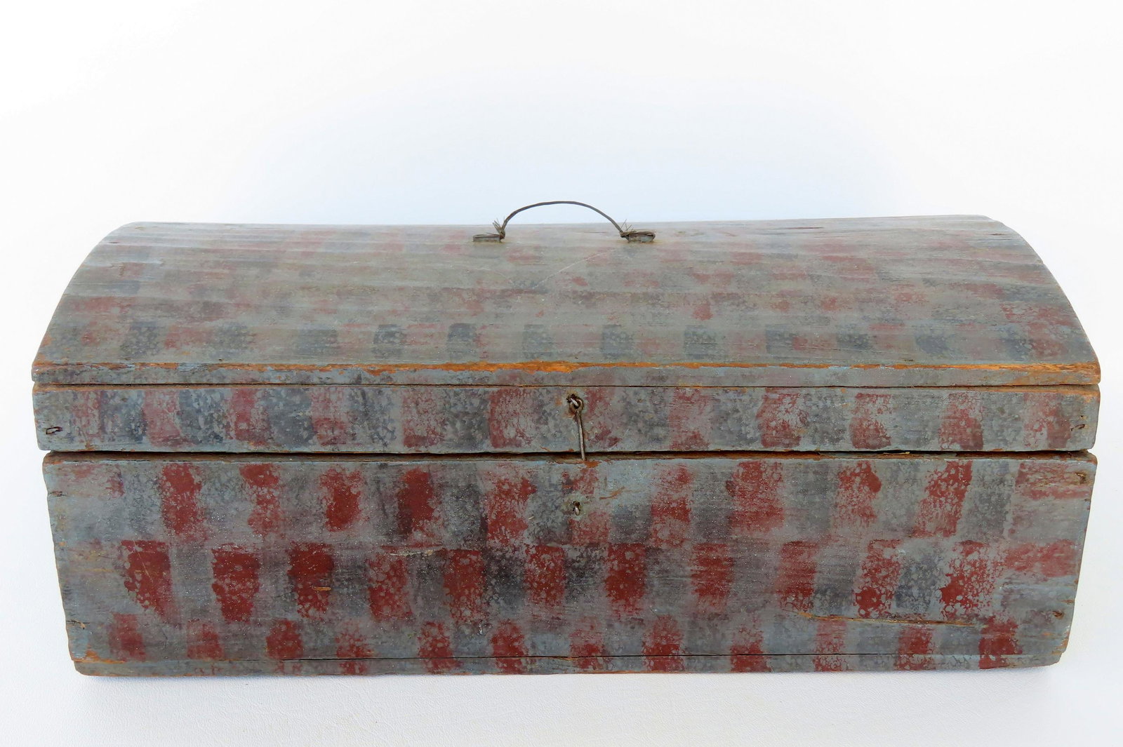 A small 19th century document box with dome top in original blue-gray paint with red splotches. Good (1 of 8)