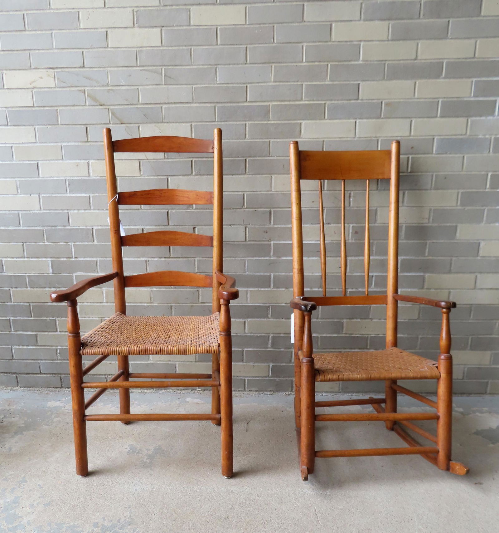 A country spindle back rocker and ladder back chair, both with arms, late 18th to early 19th (1 of 9)