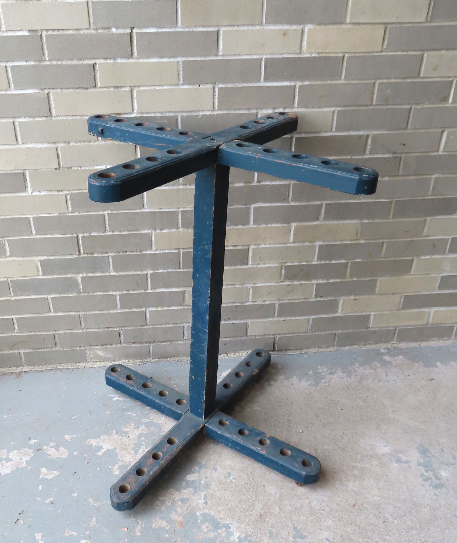 A country store broom rack in original blue-green paint mounted on casters, 19th century. Possibly (1 of 5)