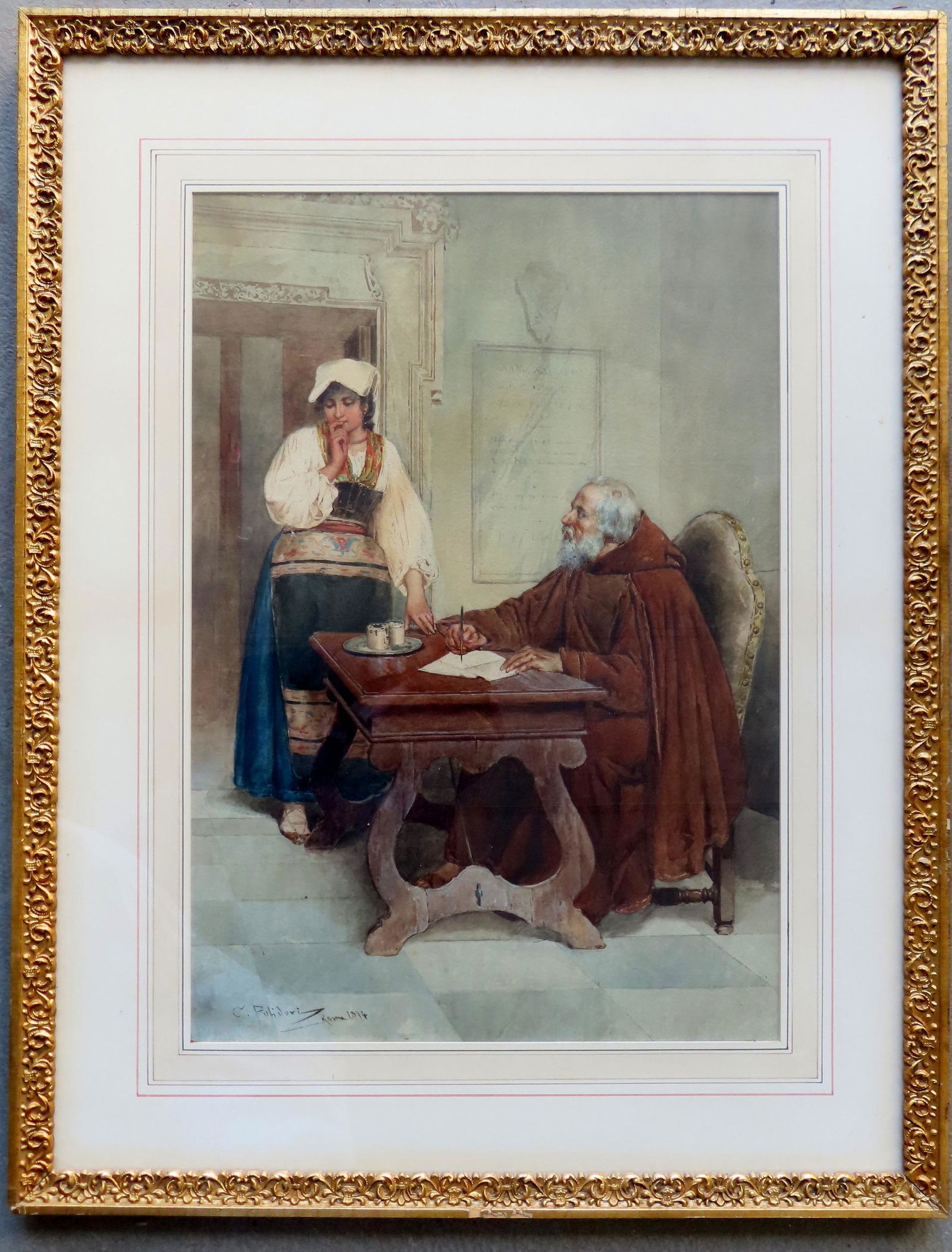 Gian Carlo Polidori, Italian 19th/20th century. W/C Italian scene depicting a monk at desk talking (1 of 6)