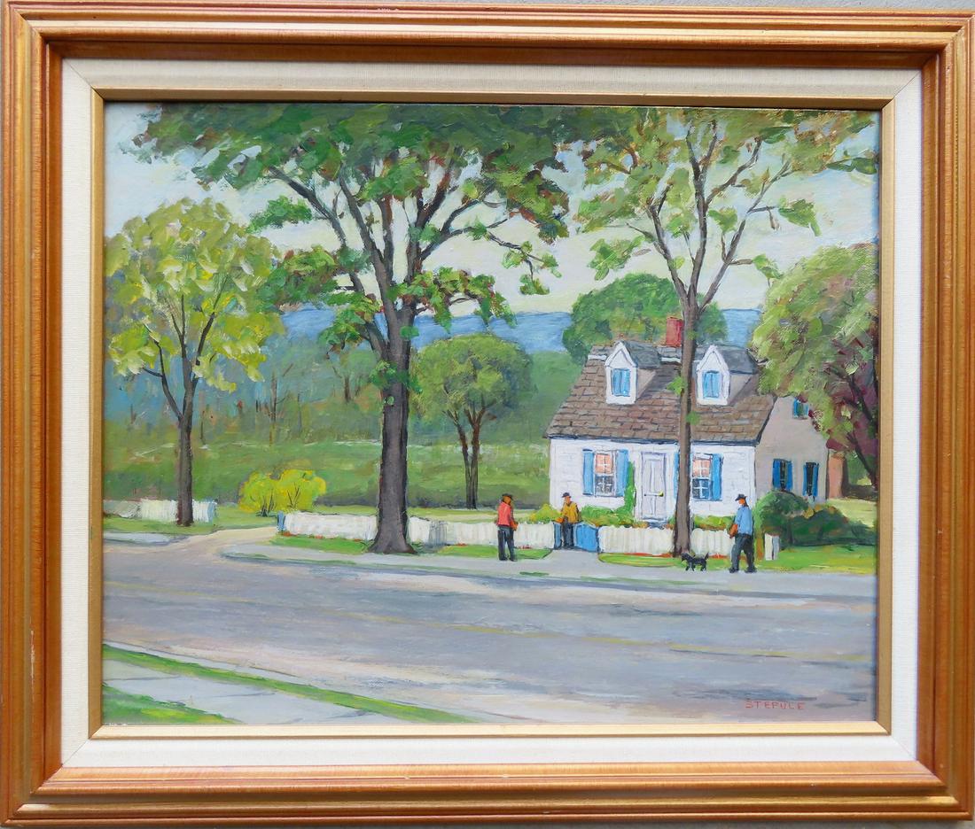 Acrylic on board depicting a street scene with cottage, figures and dog, titled on reverse "Summer (1 of 3)