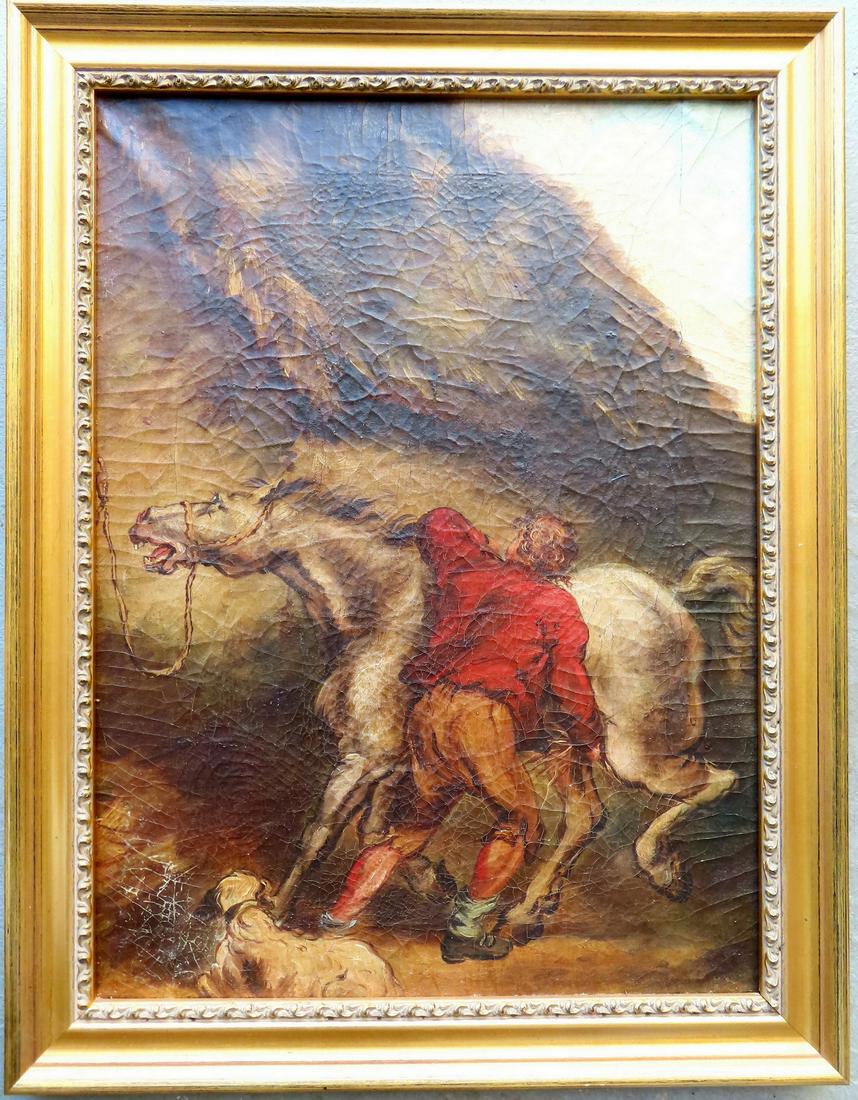 O/C Man holding startled horse, 19th century. Some crazing, housed in newer frame, overall good (1 of 3)