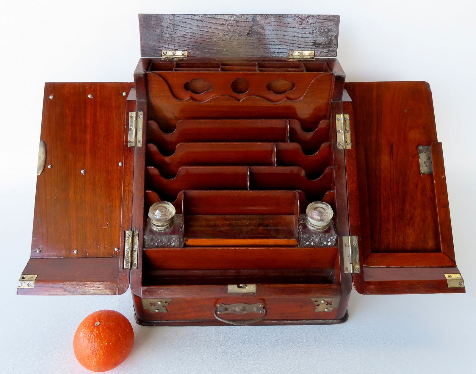 A fine traveling writing box unit having a fitted and removable stamp storage unit over a double (1 of 9)