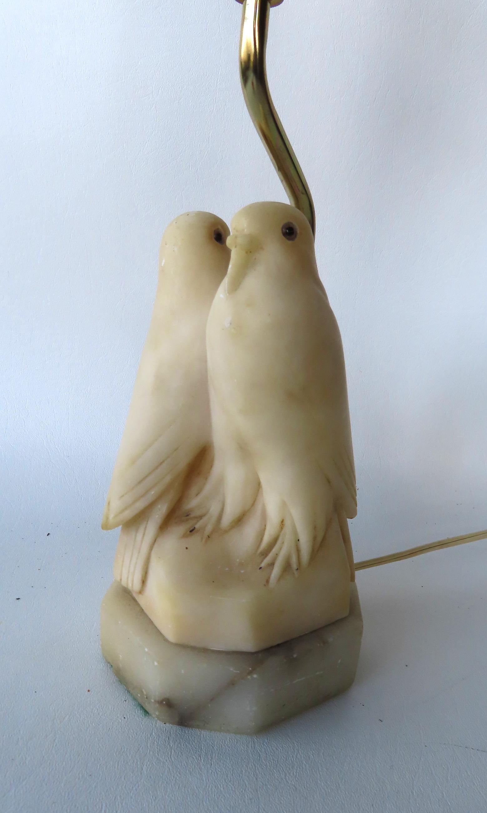 A sculptured marble double love bird table lamp with glass eyes, mounted on octagonal marble base. (1 of 8)