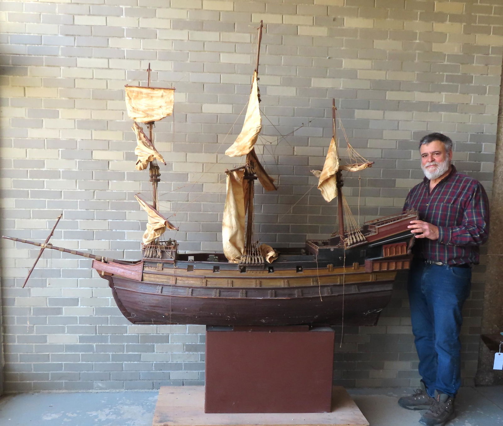 A very large galleon war ship model with sails, block and tackles, cannons, etc. in original brown (1 of 20)