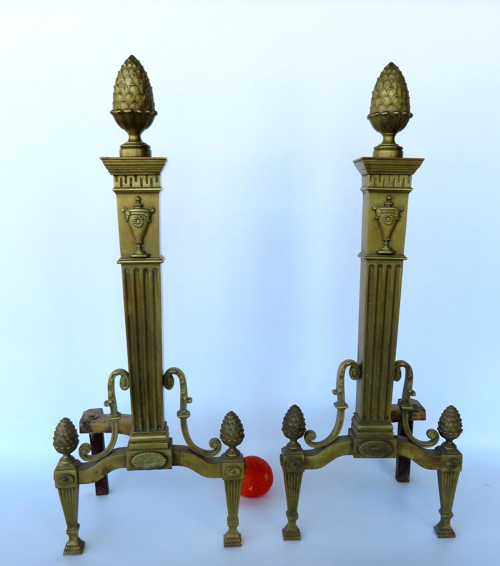 A large pair of very fine classical brass andirons with pineapple finials over fluted columns (1 of 9)