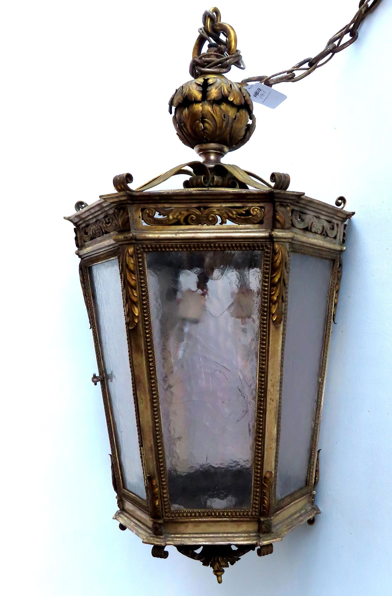 A very fine gilt bronze hexagonal shaped chandelier with 6 ripple glass semi-transparent glass (1 of 15)