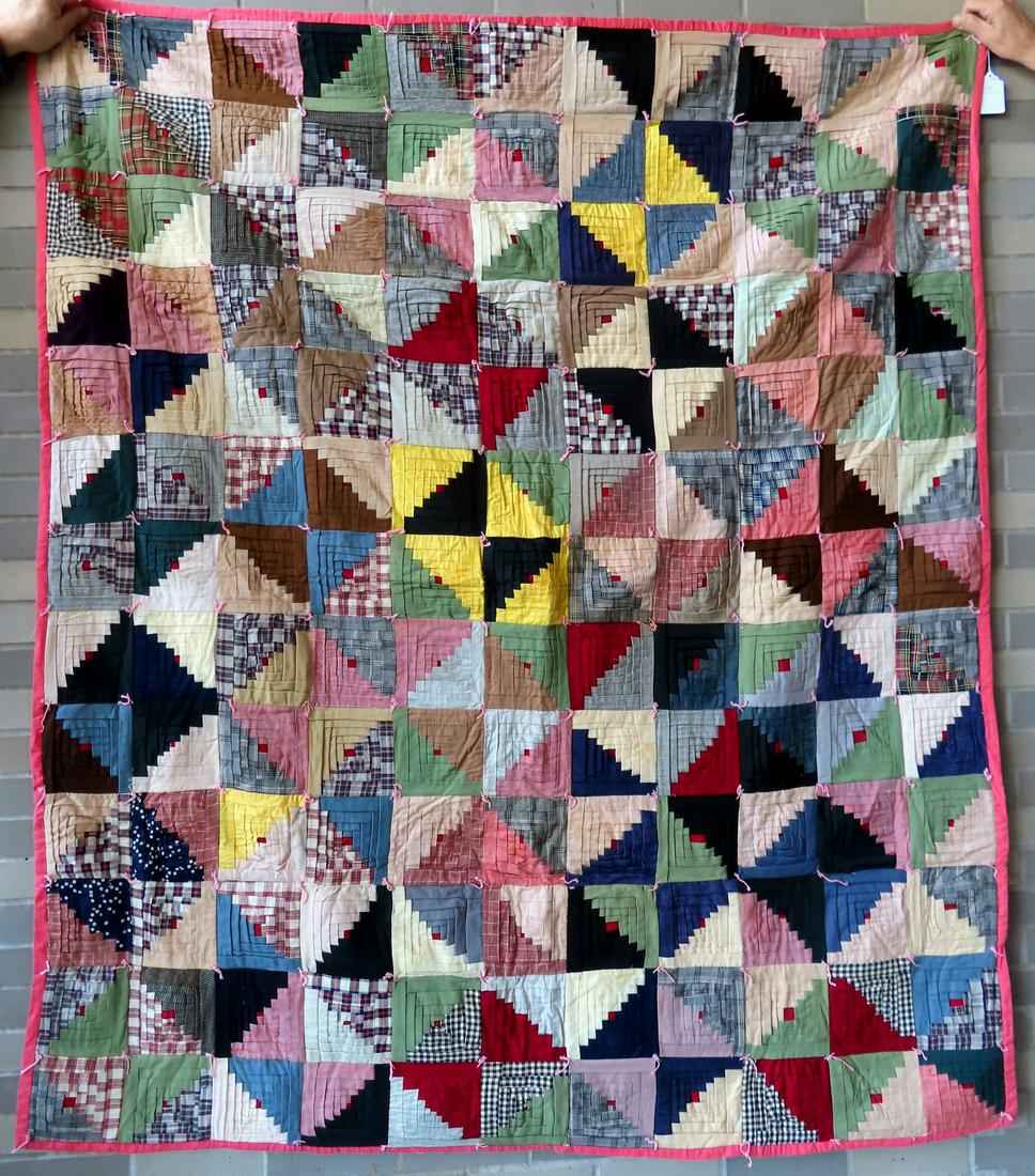A log cabin quilt, hand sewn, late 19th century, tied to a 20th century backing. Good condition and (1 of 3)