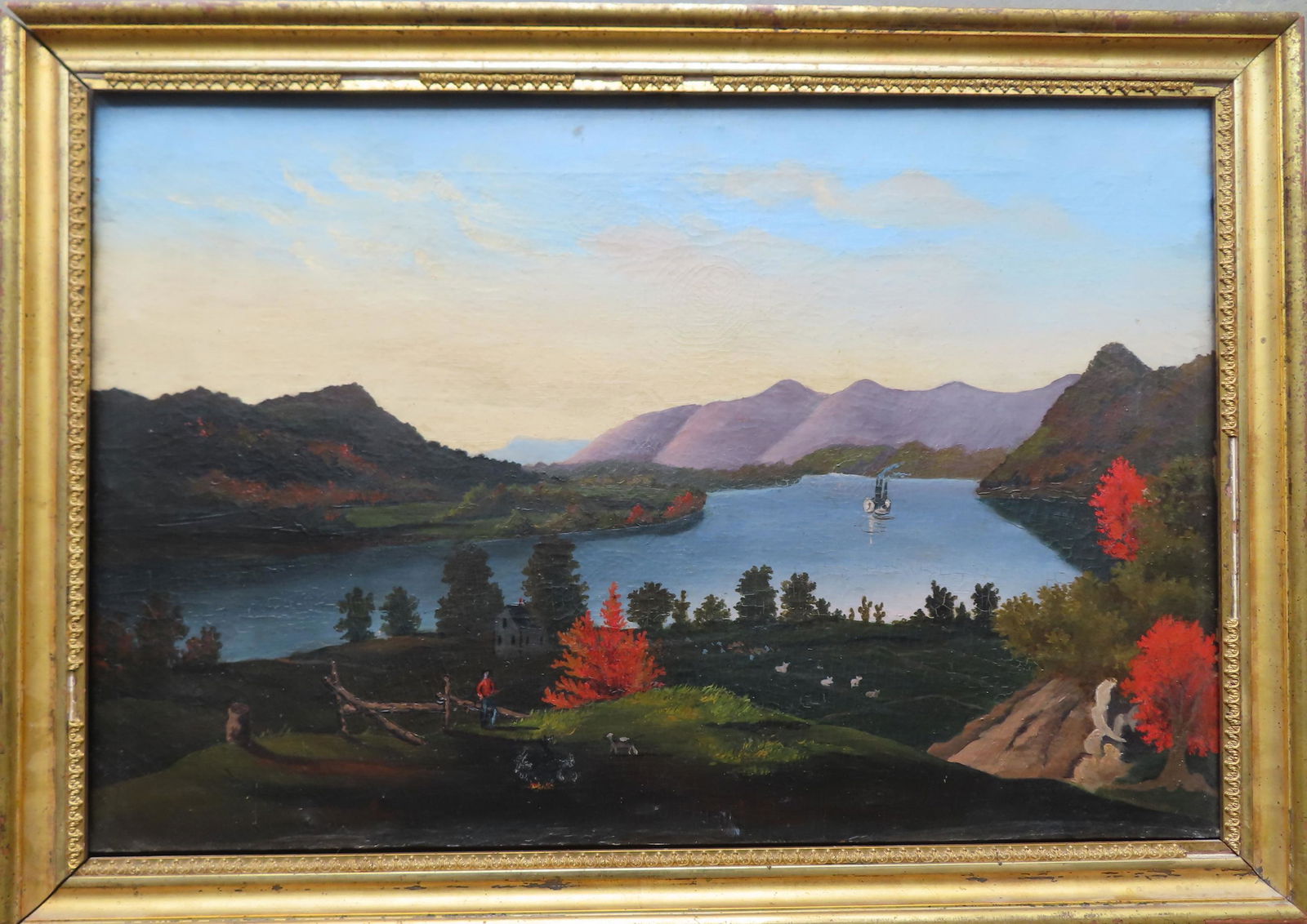 O/C Landscape with mountains and river with steamboat, farmhouse by river with farmer and animals. (1 of 6)