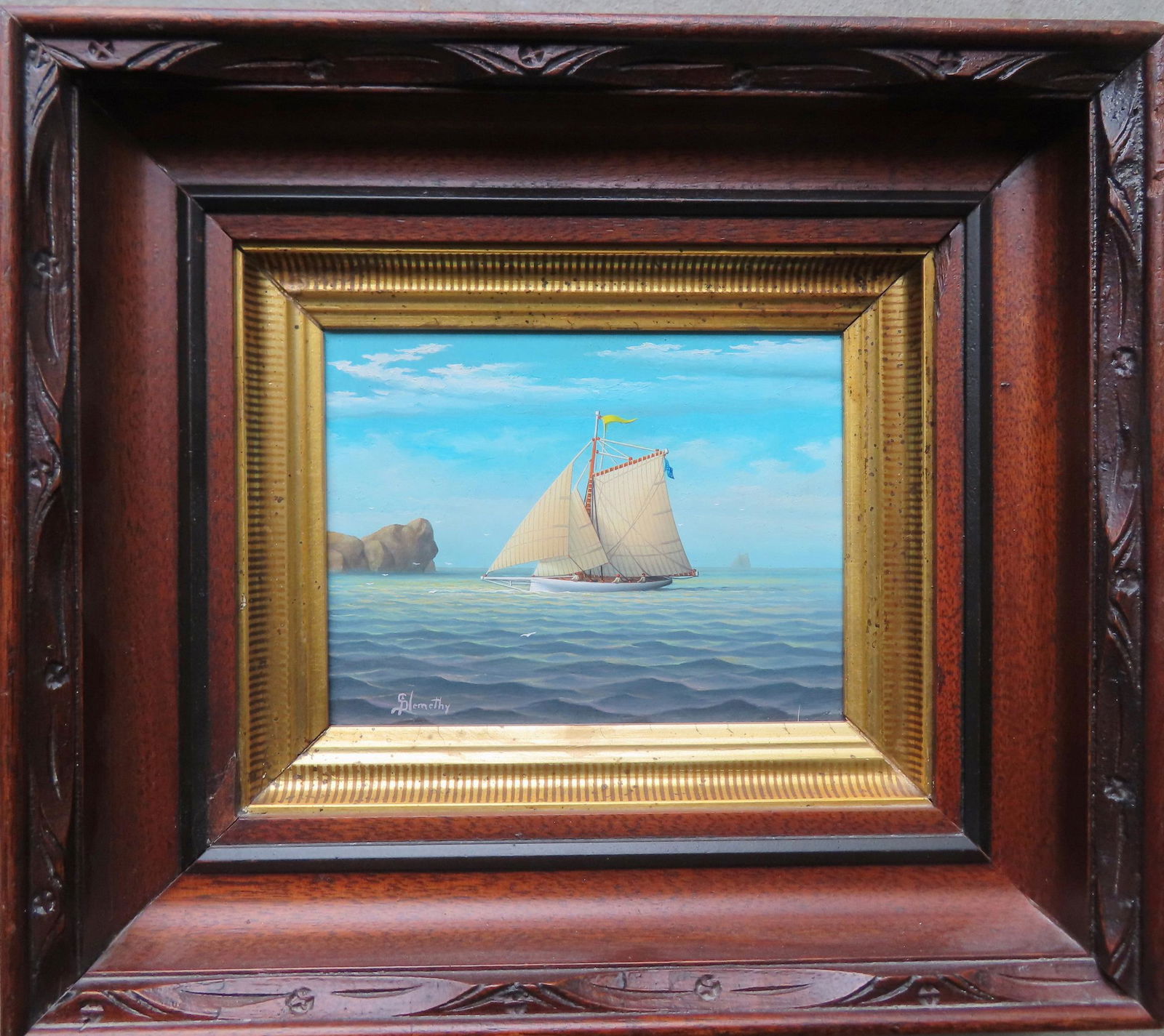 George Nemethy, b. 1952, active in NY. Miniature O/B Hudson River sloop with figures onboard, circa (1 of 4)