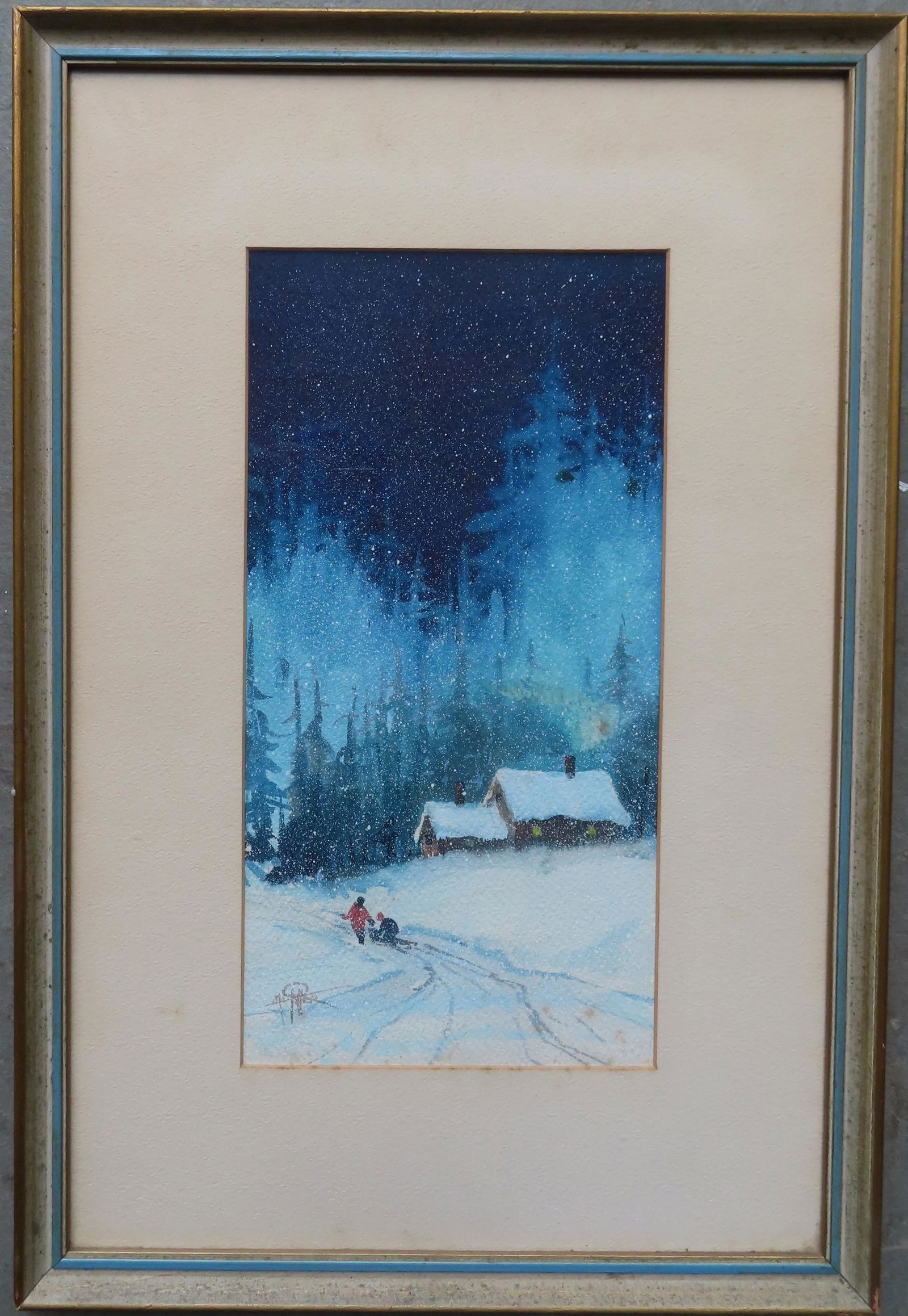 W/C Winter snow scene at nightfall with boys on sled near house at edge of forest, with snow covered (1 of 4)