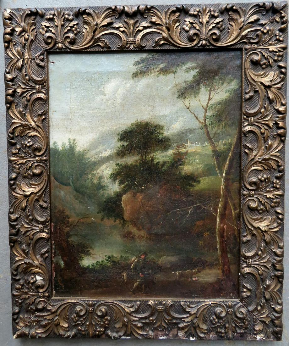 O/C Genre scene with hunter traveling with dogs and holding game across his back - pond, trees and (1 of 3)